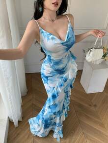 Celisse Robe élégante à volants avec imprimé floral pour femmes - Bleu azur - Voir 5