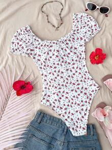 SHEIN 少女碎花泡泡袖荷叶边休闲连体裤 - 紅白色 - 查看 2