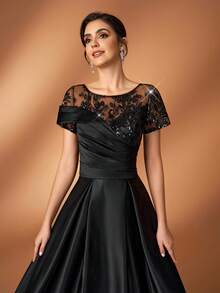 Serin 优雅奢华亮片串珠刺绣蕾丝薄纱袖缎面长裙，适合婚礼、派对、度假、舞会、新娘母亲晚礼服 - 黑色 - 查看 7