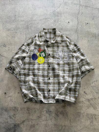 EASEVO 加大码男士休闲时尚街头学院风图案数字印花短袖衬衫，夏季