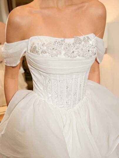 Poshira 精致优雅的蕾丝刺绣拼布，纯面料，露肩，单肩，褶裥下摆配缎带，A字型设计，舞会礼服，适合生日派对、毕业典礼、半正式场合和婚礼穿着。