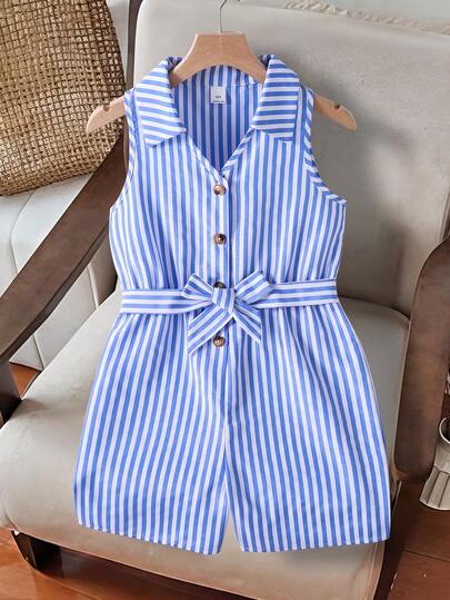 SHEIN Sparklyn 1pc אוברול ללא שרוולים עם דש אלכסוני, ארוגים מפוספסים ועם חגורה, אופנת אביב/קיץ חדש לבנות, מתאים לבילוי יומיומי, פנאי ומסיבה