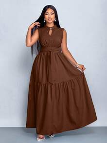 SOLERSUN 加大码蓝色立领前开襟无袖束腰系带连衣裙女式优雅休闲时尚通勤外出连衣裙夏季新款女装 - 咖啡棕 - 查看 4