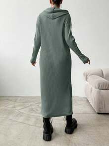 EURMUSE Damen Einfarbiges Kleid mit Kapuze und Drop Shoulder aus Strick - Minzgrün - Übersicht 2
