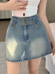 DAZY 女士休闲水洗腰带牛仔A字裙，春夏款 - 中等水洗藍 - 查看 10