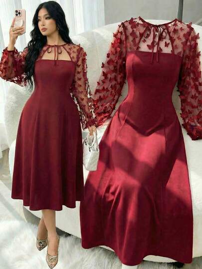 Modelyn Plus Size Women Patchwork Butterfly Applique Mesh Lantern Sleeve Tie Neck Elegant Dress Plus Size Elegant Dress