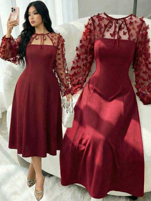 Modelyn Plus Size Women Patchwork Butterfly Applique Mesh Lantern Sleeve Tie Neck Elegant Dress Plus Size Elegant Dress