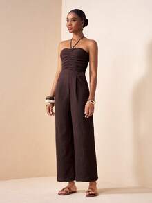 Zivah 2026春夏新款音乐节、复活节、圣帕特里克节、情人节、约会、西部风、游牧风、生日派对、毕业典礼、大学、学生、日常穿着、百搭基础款、休闲、度假、邮轮旅行、海滩、日光浴、热门款、街头风、婚礼宾客波西米亚风、通勤、早午餐、机场、派对、假日郊游、办公穿着、露背系带连体裤（带侧袋）、踝部系带棕色亚麻连体裤 - 棕色 - 查看 4