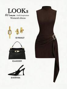 Olithes 女士极简立领系带修身金属扣装饰棕色无袖连衣裙 - 棕色 - 查看 3