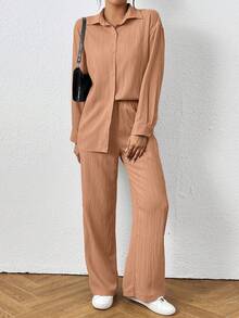 SHEIN PETITE Bộ đồ nữ màu trơn tối giản gồm áo dài tay và quần, thích hợp mặc hàng ngày. - trái cam - Xem 6