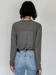 FRIFUL Women's Loose Fit Crew Neck Criss-Cross Wrap Long Sleeve Semi-Sheer T-Shirt, Suitable From Spring To Summer - Black - View 5