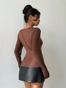 EMERY ROSE Áo thun nữ cổ tròn, phối lưới, tay raglan, ôm dáng, màu trơn - Cà phê nâu - Xem 2