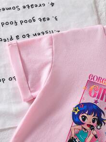 SHEIN 淡紫色，K-POP卡通女孩，可爱女婴休闲简约宽松圆领短袖T恤和喇叭裤两件套，适合秋季穿着，秋季穿搭，轻松舒适，秋冬叠穿，时尚童装，休闲服饰，儿童图案服装，秋季服装，时尚秋季，秋季新款2T女童T恤，女婴图案T恤，街头风女婴图案T恤，女婴服装，女婴夏季衬衫 - 玫紅色 - 查看 8