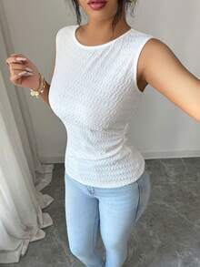 Elenzga Blusa de punto sin mangas con textura y fruncido lateral, de estilo casual y elegante para mujer - Blanco - Ver 7