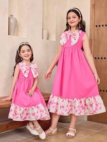 SHEIN DRMZ Tween Girls' Big Bowknot Patchwork Print Vacation Dress,Kids - Pink - View 8