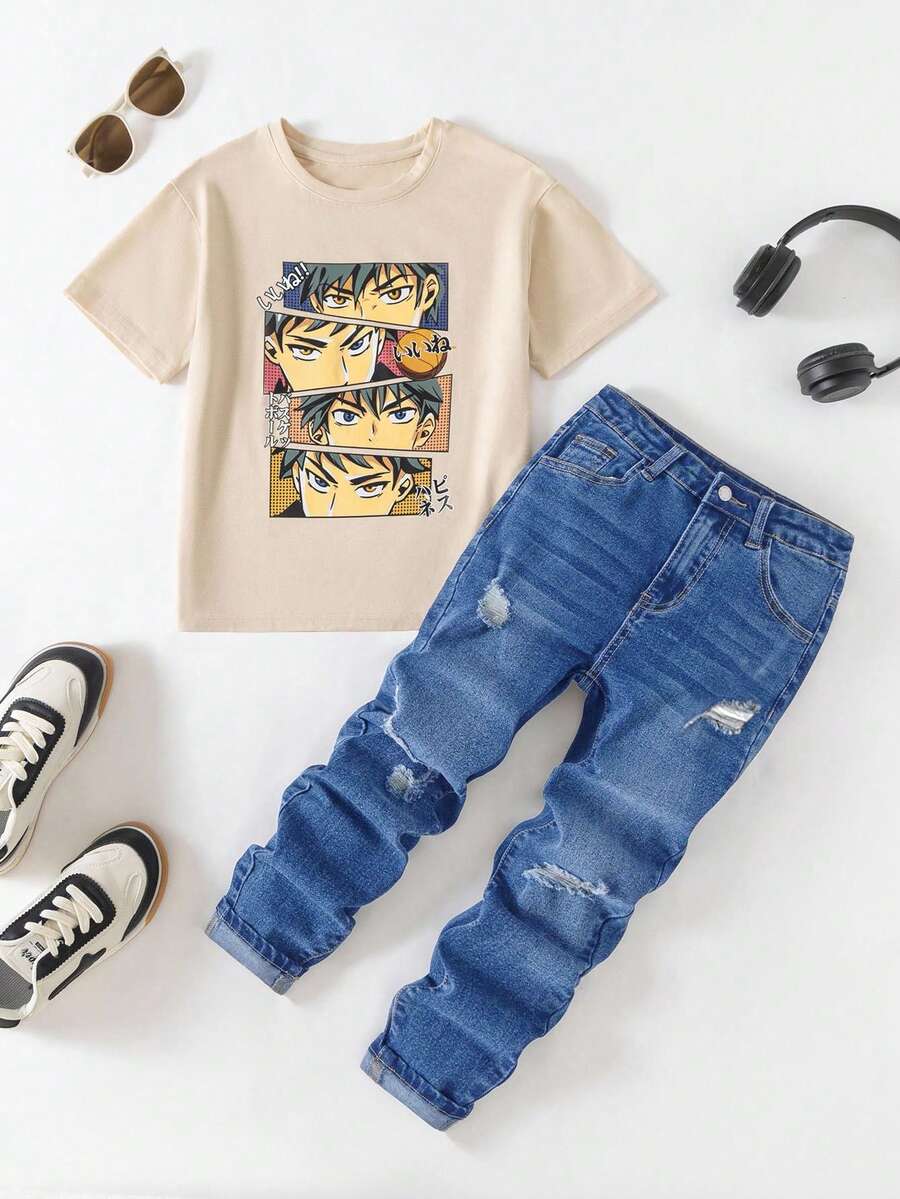 SHEIN 男童两件套:酷炫卡通图案杏色T恤和破洞磨边修身蓝色牛仔裤套装 - 中等水洗藍 - 查看 1