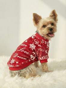 PETSIN 1 Pc Pet Dog/Cat Red Flannel Snowflake & Letter Print Warm Crew Neck Sweatshirt, Unisex Design - Multicolor - View 3