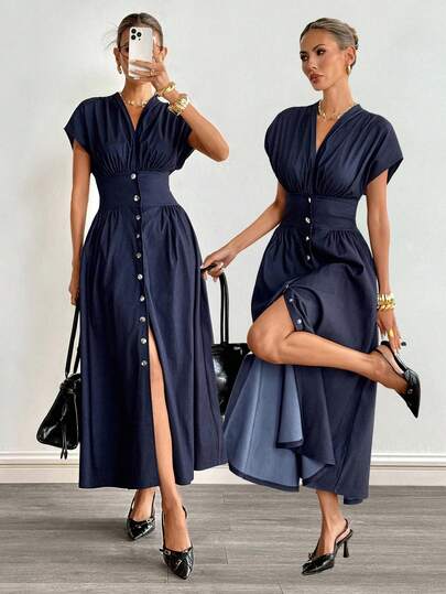 Siren Gaze Spring/Summer Elegant Workwear Dress With A Slim Fit, V-Neck, And Button-Down Design; Faux Denim V-Neck Wide Shoulders, Sleeveless Long Dress; Slimming And Versatile A-Line Skirt; Suitable For Daily Commutes And Outings; A Stylish Women's Outfit Dusty Blue Elegant Dress