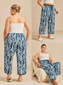 LUVLETTE 夏季加大码柔软棉质印花宽松女士休闲睡裤，透气舒适，带口袋，适合曲线身材，尺码齐全。 - 藍色 - 查看 3