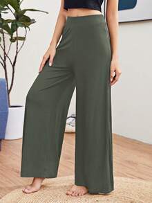 SHEIN Essnce 女士休闲日常通勤简约纯色宽松阔腿裤 - 綠色 - 查看 4