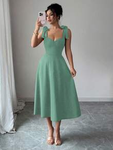 Elenzga 无袖系带收腰A字优雅浪漫连衣裙（女款） - 淺綠色 - 查看 3