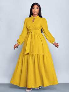 Đầm dài tay dáng chữ A ôm sát, màu trơn, cổ đứng, xẻ tà trước, cúc hình giọt nước, thiết kế cao cấp, thắt eo của SOLERSUN dành cho nữ, thanh lịch và thoải mái, thời trang công sở, kiểu dáng mới, mặc hàng ngày, năm mới, thu đông, hẹn hò, Giáng sinh, thời trang nữ. - Màu Mù tạt vàng - Xem 6