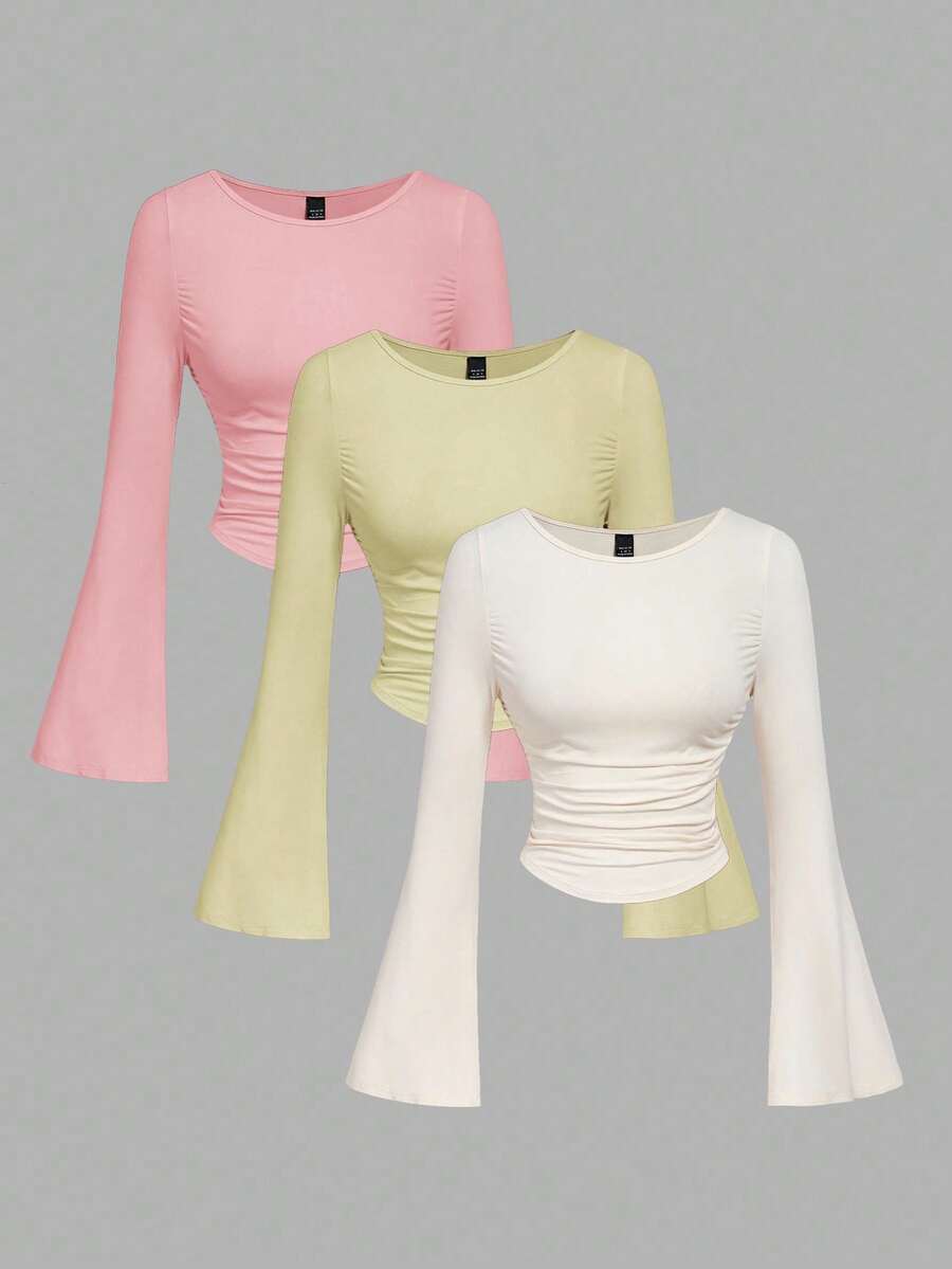 SHEIN MOD 3pcs Women's Solid Color Round Neck Bell Sleeve Ruched T-Shirts - Multicolor - View 1