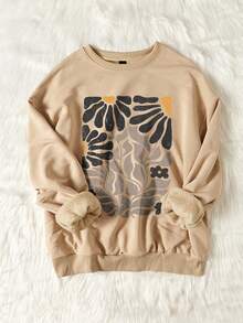 Attitoon بلوزة نسائية بطبعة هندسية زهرية بأسلوب بسيط وعادي، فضفاضة، مقاسات كبيرة، رقبة دائرية، مناسبة للخريف والشتاء - كاكي - مشاهدة 3