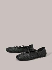 Styleloop 女士鞋履 假日风编织鞋 面条带女士平底单鞋 假日风穿搭 波西米亚风穿搭 美式复古风 波西米亚风穿搭 西部风穿搭 音乐节穿搭 派对穿搭 平底女鞋 - 黑色 - 查看 1