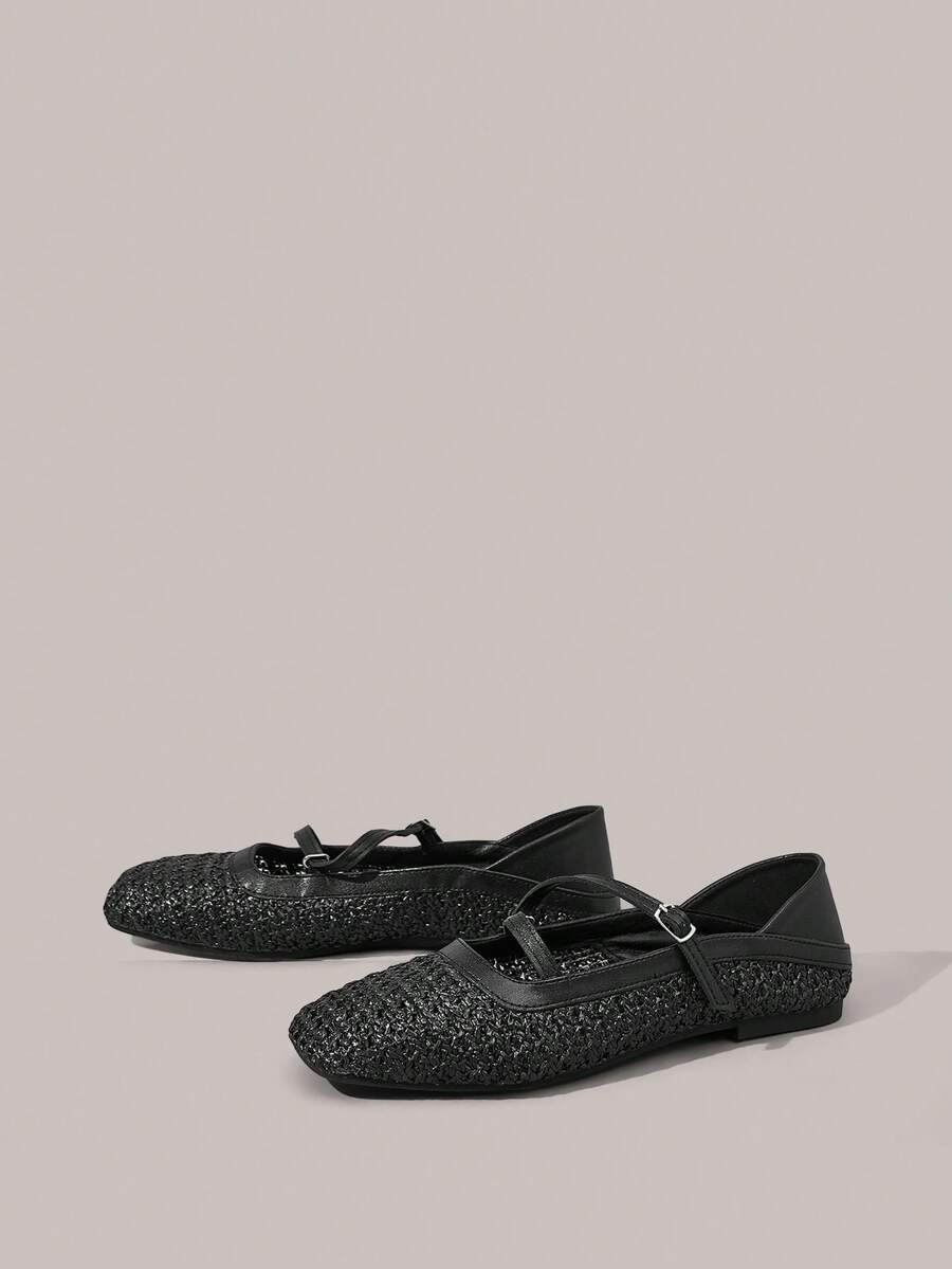 Styleloop 女士鞋履 假日风编织鞋 面条带女士平底单鞋 假日风穿搭 波西米亚风穿搭 美式复古风 波西米亚风穿搭 西部风穿搭 音乐节穿搭 派对穿搭 平底女鞋 - 黑色 - 查看 1