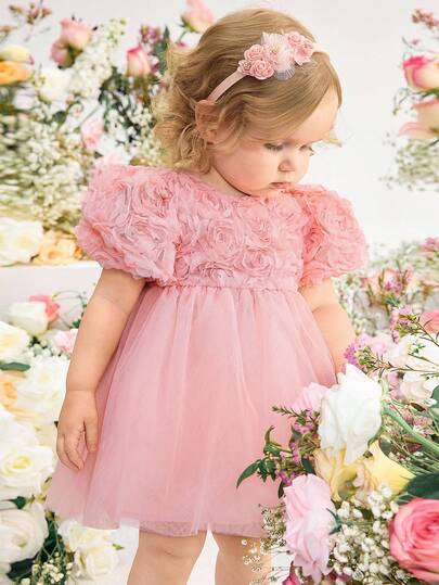 SHEIN Baby Girls Elegant And Cute Apricot Mesh Floral Short-Sleeved Dress, Suitable For Birthday Parties, Evening Parties, Performances, Weddings, Baptisms, And Opening Ceremonies, Perfect For Spring And Summer.