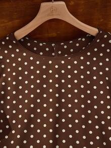 EMERY ROSE 大码女式春季休闲度假棕色波点荷叶边泡泡袖连衣裙 - 咖啡棕 - 查看 4