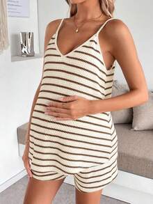 SHEIN Maternity Women's Striped Camisole Top And Adjustable Waist Shorts Set - Coffee Brown - View 3