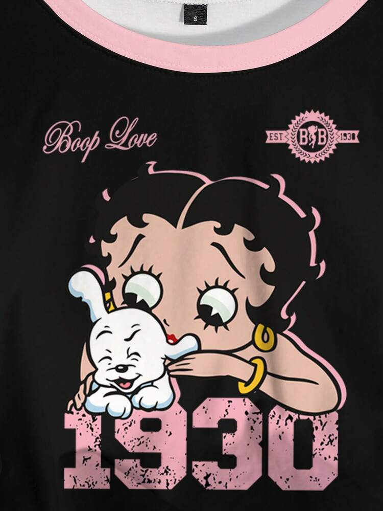 Betty Boop x SHEIN Women's Summer Cartoon And Bow Number Print Ringer Short Sleeve Cropped T-Shirt - White - View 3