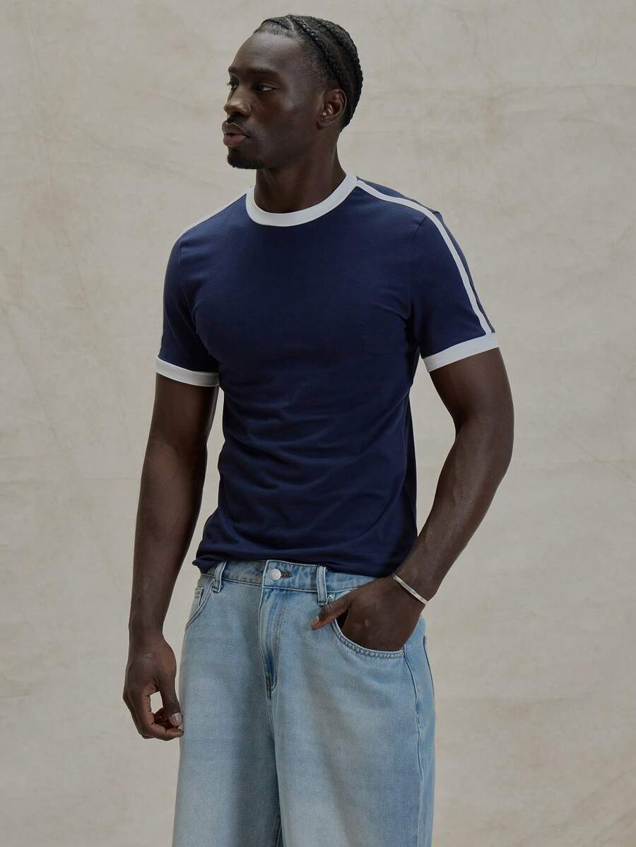 Musero Camiseta básica de manga corta, cuello redondo y puños de manga con detalles de contraste, ajuste ceñido y estilo liso para primavera y verano - Multicolor - Ver 1