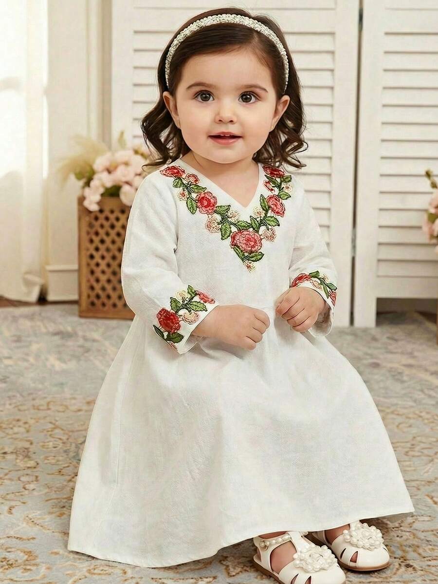 SHEIN Baby Girl V-Neck Floral Embroidery Casual Versatile Dress - White - View 1