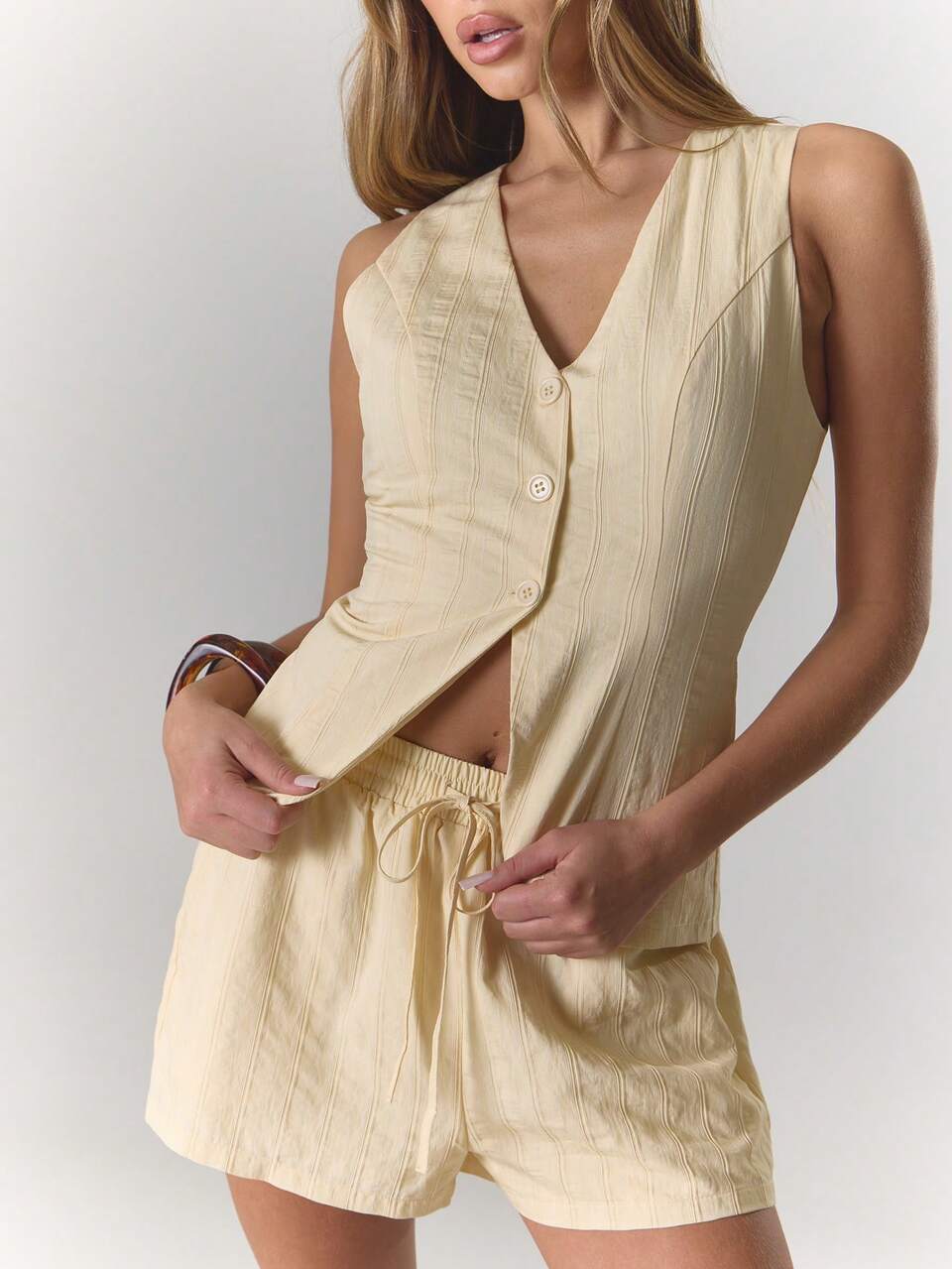 Leinen Streifen Detail Knopf Taille Mantel Top und Shorts Set für Date Night, Frühling Sommer, elegant, Hochzeitsgast, Urlaub, Feiertage, Ausgehen