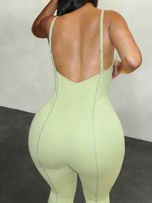 Slaydiva 早春新款，春夏音乐节，情人节，复活节休闲风，简约基础款，Y2K街头甜美风，网红热销款，日常约会，辣妹风，性感运动风，吊带，U领，镂空，修身长裤，撞色哈苏线装饰，V领，大露背，浅绿色长裤，女士紧身连体裤 -A - 橄欖綠 - 查看 2