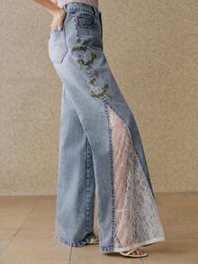 Anewsta 女士优雅花卉刺绣蕾丝拼接浪漫派对度假蓝色喇叭牛仔裤，春夏款 - 藍色 - 查看 6