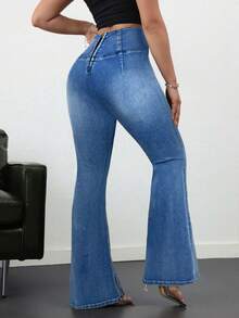 SHEIN Tall 女士休闲高腰喇叭水洗牛仔裤 - 淺色水洗藍 - 查看 2