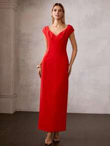 MOTF Soiréza SOLID SWEETHEART NECK FOLD PLEATED FITTED COCKTAIL DRESS - Red - View 5