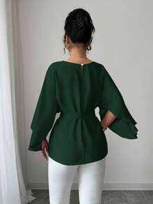 Selianne Women's Round Neck Batwing Sleeve Tie Waist Glossy Red Blouse, Spring/Summer Fall Cloth For Women - Dark Green - View 2