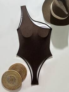 Swim Chiccia 1件装女士纯色金属点缀高领褶皱露背连体泳衣 - 咖啡棕 - 查看 4