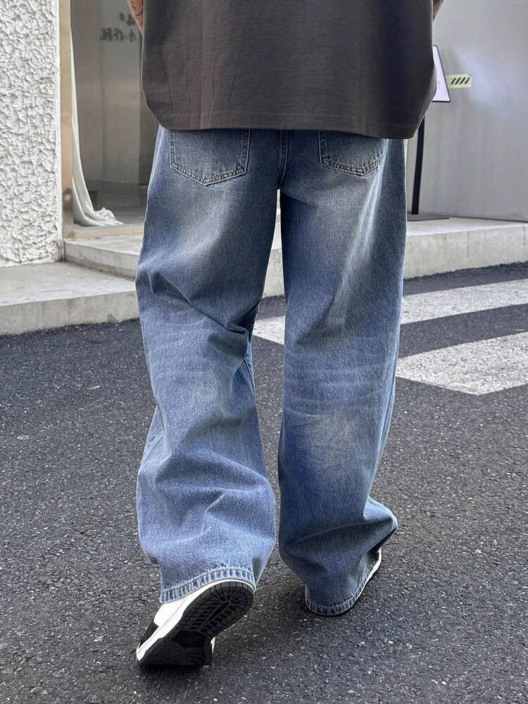 Men's Solid Blue Washed Vintage Style Jeans, Spring