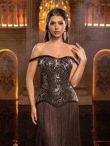 Glamrae Elegant Luxury Heavily Beaded Embroidered Fabric Open Shoulder Special Neckline Off Shoulder Bodycon Tassel Dress, Suitable For Balls, Galas, Exhibitions, Business Events, Weddings And Other Occasions - Coffee Brown - View 3