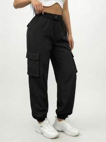 SHEIN SXY Flap Pocket Buckle Belted Cargo Pants - Black - View 5