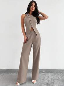 Firerie Women's Elegant Casual Urban Commute Office Wear Khaki Sleeveless Asymmetrical Collar Design Waist Cinched X-Shaped Fitted Blouse And Loose Wide Leg Pants Set, Spring/Summer Ladies Suit, Teacher Outfit, Graceful Commuter Attire - Khaki - View 5