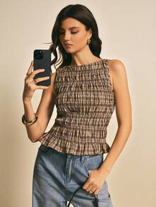 Poéselle Women's Smocked Brown Plaid Peplum Tank Top,Sleeveless Boat Neck Gingham Ruffle Hem Summer Top,Casual Cottage Core Style For Picnic,Beach & Fashion - Navy Blue - View 8