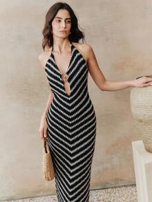 Anewsta Women's Sleeveless Striped Midi Dress With Halter, Beach Cover-Up, Spring/Summer Deep V Dress Zebra Dress Swim Swimsuit Dress - Black and White - View 5