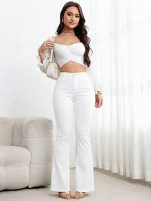 Flexra Women's Casual Everyday Office Commute Simple Versatile White Flare Jeans White Flare Pants Women White Pants Bell Bottom Pants Bootcut Women Jeans Flare Jeans Women - White - View 7